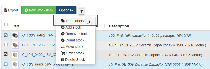Print multiple stock item labels